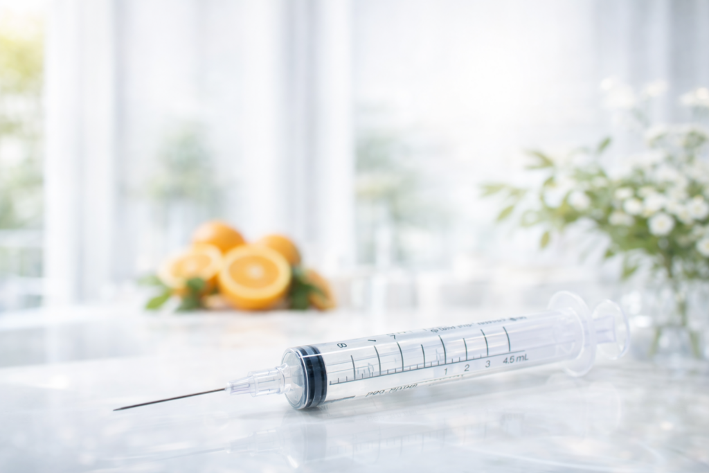 A syringe lies on a white countertop with blurred oranges in the background and white flowers to the right.